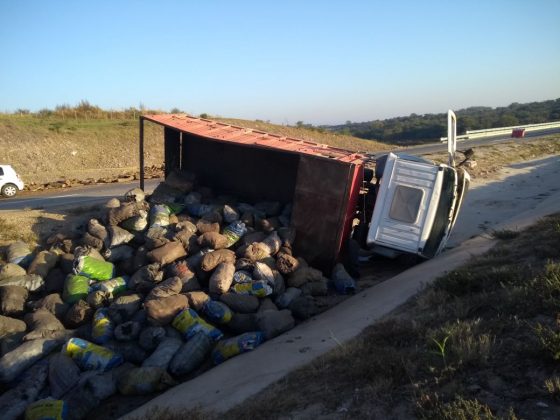 accidente leña camion - Ruta 36: media calzada cortada por el vuelco de un camión