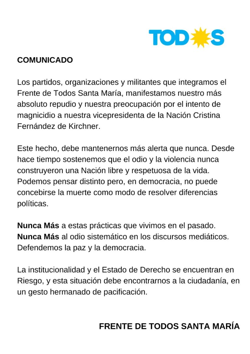 El intendente Marcos Torres y otros referentes regionales se pronunciaron en contra del atentado a CFK WhatsApp Image 2022 09 02 at 10.29.58 - El intendente Marcos Torres y otros referentes regionales se pronunciaron en contra del atentado a CFK