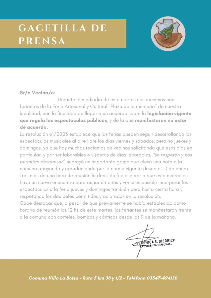 Artesanos y artistas se movilizaron en Villa La Bolsa comunicado villa la bolsa - Artesanos y artistas se movilizaron en Villa La Bolsa