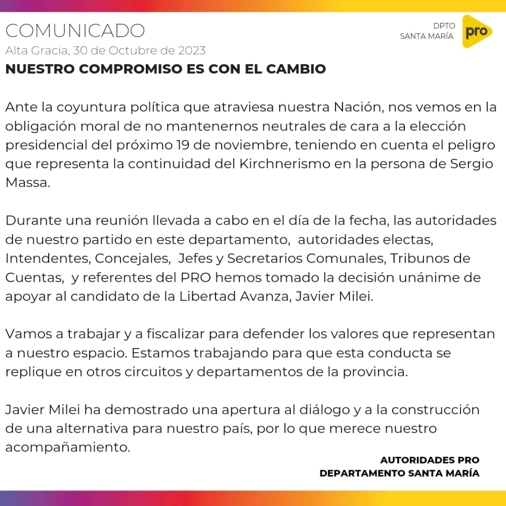 El Pro Santa María fiscalizará para Javier Milei image - El Pro Santa María fiscalizará para Javier Milei