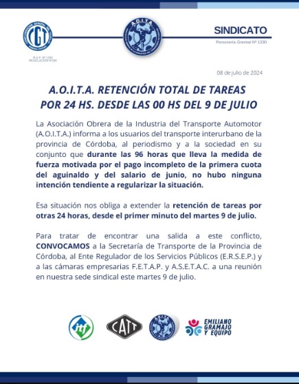 Se extiende la retención de tareas por parte de AOITA durante el feriado comunicado aoita 1 - Se extiende la retención de tareas por parte de AOITA durante el feriado