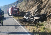 Esquivó un caballo, chocó contra la montaña y se incendió el vehículo