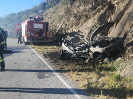 Esquivó un caballo, chocó contra la montaña y se incendió el vehículo