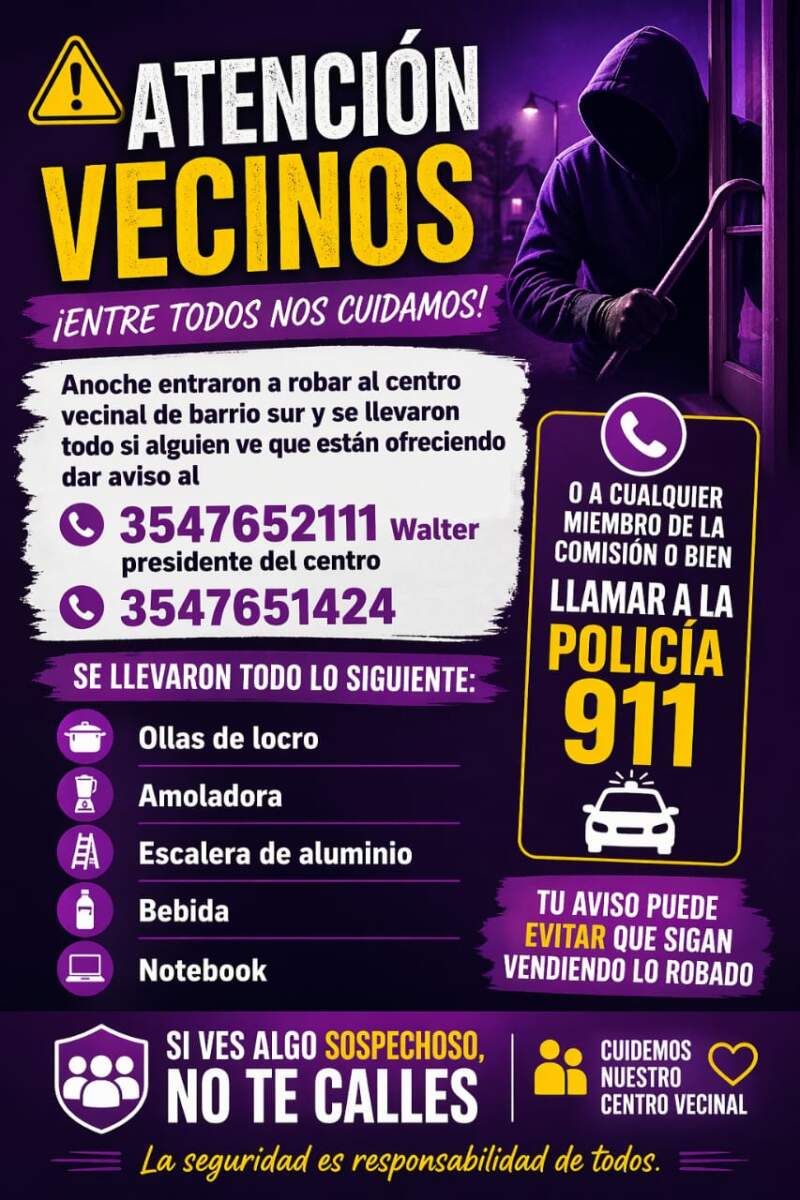 WhatsApp Image 2026 04 22 at 12.56.49 - Robaron en el Centro Vecinal de Barrio Sur y sustrajeron elementos indispensables